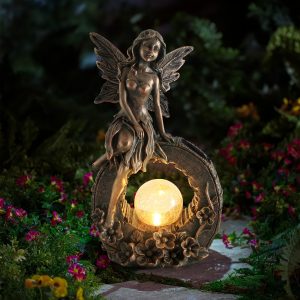 Solar Powered Flower Fairy Garden Statue, 10.7 Inch Resin Figurine for Yard, Patio, Balcony Decoration, Housewarming Gift