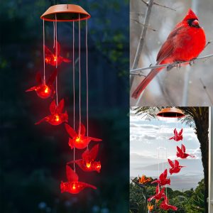 1pc Red Cardinal Bird Solar Wind Chimes with LED Lights, 4 Tubes, Waterproof Garden Decor for Patio, Gifts for Mom, Grandma, Wife