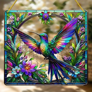 Hummingbird Sun Catcher - 8x8 Inch Square Acrylic - Home, Window, Wall, Hanging, Garden D??cor, Christmas, Easter, Thanksgiving D??cor - Holiday Gifts, Home Gifts, Garden Gifts, Garden Ornaments - Outdoor Indoor Floral and Bird Theme