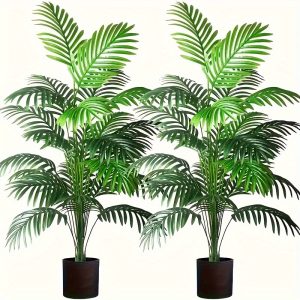 2-Pack Artificial Palm Plants with Large Leaves - 32.68inch Tall Realistic Faux Greenery - No Power Needed, Stakes Included for Easy Installation - Plastic Decorative Trees for Wedding, Hotel, Garden, Patio, Photo Props, and Holiday Decor - Featherless Indoor/Outdoor Accent Plants