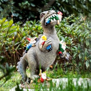 Eclectic Resin Dinosaur Statue with Garden Gnomes - Outdoor Lawn Ornament, Unique Patio & Yard Decor, Ideal Mother's Day Gift for Women, Mom - Floor Mounted, Electricity-Free Animal Sculpture