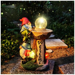 Solar Powered Welcome Gnome with Fountain, LED Light Magic Ball, Garden Decoration for Patio, Lawn, Porch - Gift for Women, Mom, Grandma