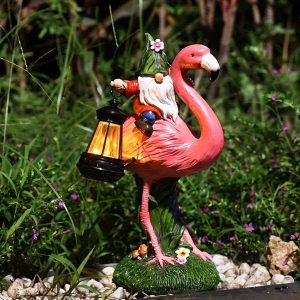 WILJOJ Garden Statue Funny Flamingo Gnome Decoration With Solar Lights, Outdoor Garden Home Decor Patio Lawn Porch Decoration, Warm Gift For Family, Collectible Figurine