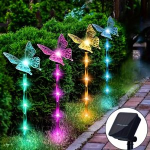 AMill Solar Butterfly Lights Outdoor, 4-Pack LED Decorative Garden Stake Lights for Lawn, Patio, Pathway, Landscape, Holiday Party Decor, Waterproof IPX-4, Solar Powered with Nickel Battery